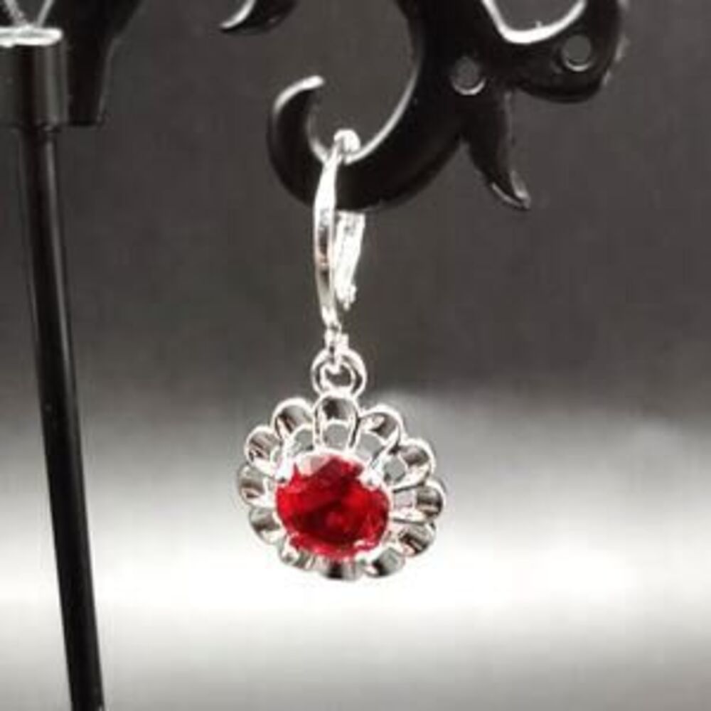 925 Silver Red Flower Earrings Lab Ruby Summer Anniversary Birthday Fashion Gift